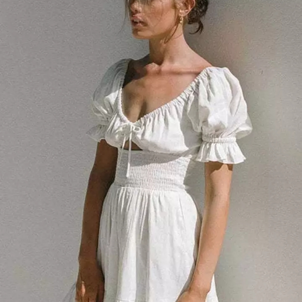White Cutout Smocked Puff Sleeve Ruffle Trim Dress